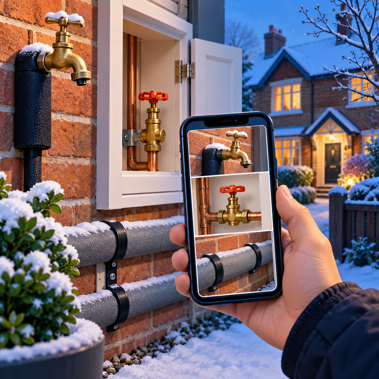 A phone photographing a stop tap, outside tap and insulated pipework before freezing weather