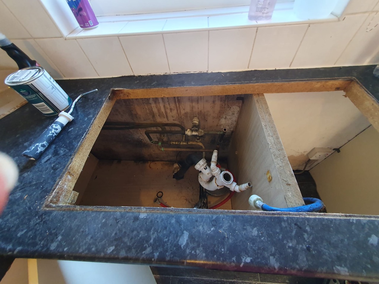 Worktop opening prepared for a kitchen sink replacement at a Leicester landlord property