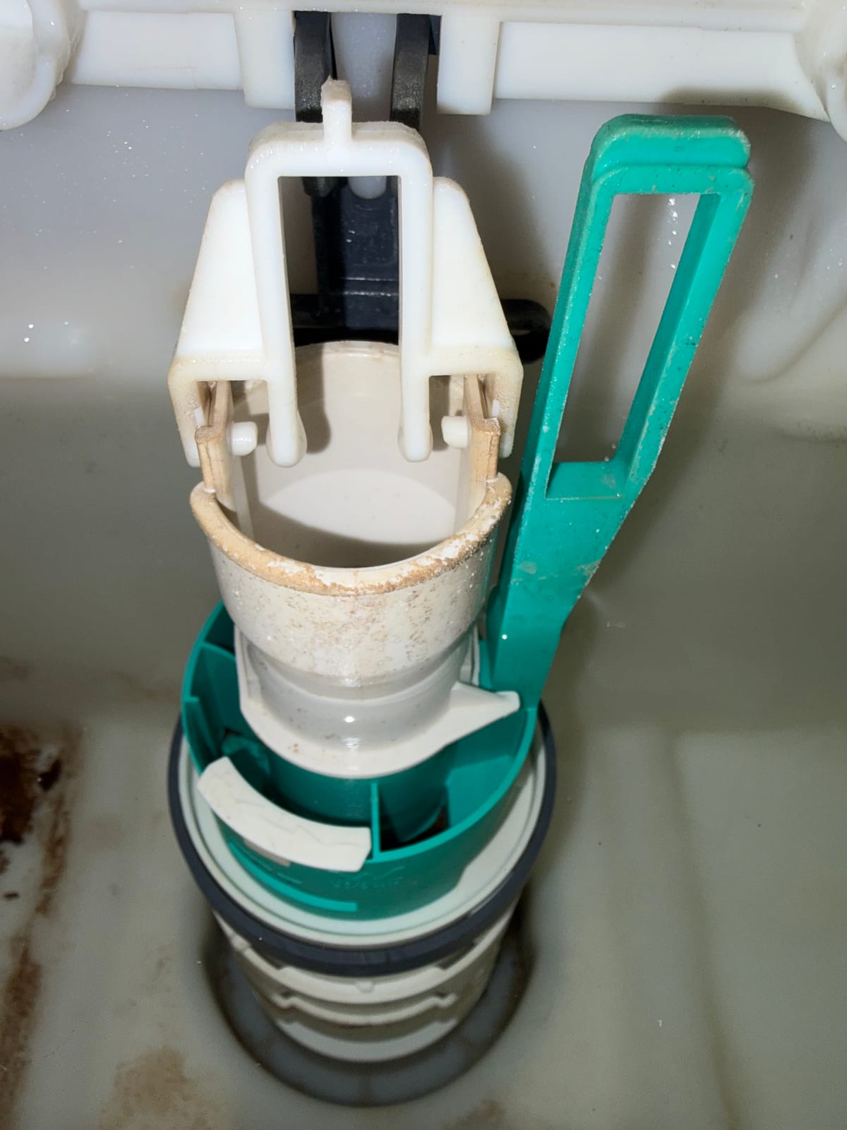 Older Geberit flush valve allowing water to pass into a toilet in Whetstone